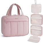Narwey Hanging Toiletry Bag Women Travel Toiletries Bag Quilted Makeup Cosmetic Organizer for Travel Size Essentials Accessories with Hanging Hook (Khaki)