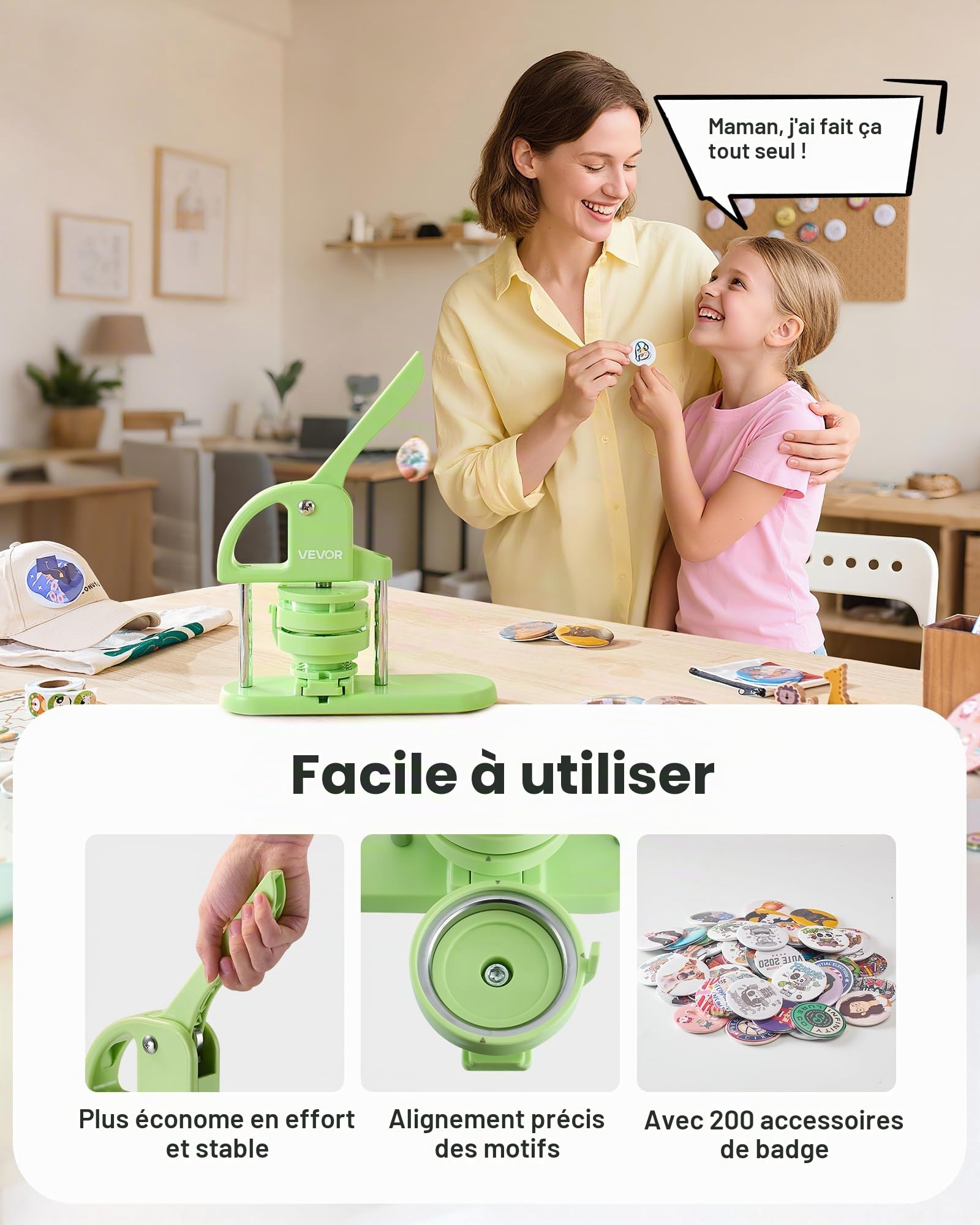 VEVOR Machine à Badges de 32/58 mm 2-en-1, Presse à Badges Épingles avec 200 Kits de Consommables, Coupe-cercle et Livre Magique, Poignée Ergonomique, pour DIY Épinglettes Personnalisées, Vert