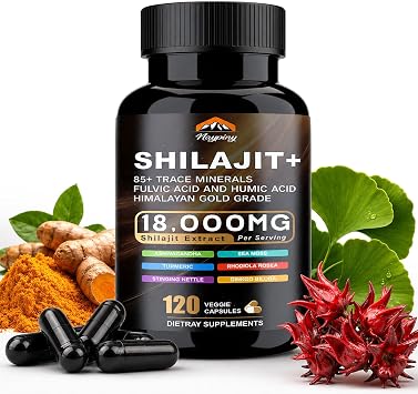 Shilajit Capsules, Himalayan Organic Shilajit for Men and Women, with Ashwagandha Ginseng, Fulvic Acid and More Trace Minerals - 120 Capsules