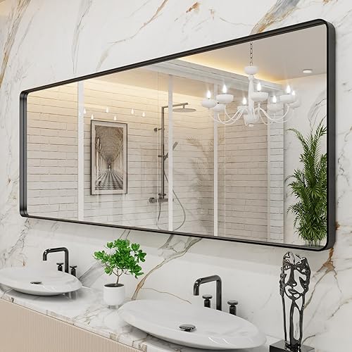 Miniatura 243 de LOAAO - Espejo de tocador para baño con marco de metal negro mate de 24 x 32 pulgadas para pared, rústico, rectangular, grande, redondeado
