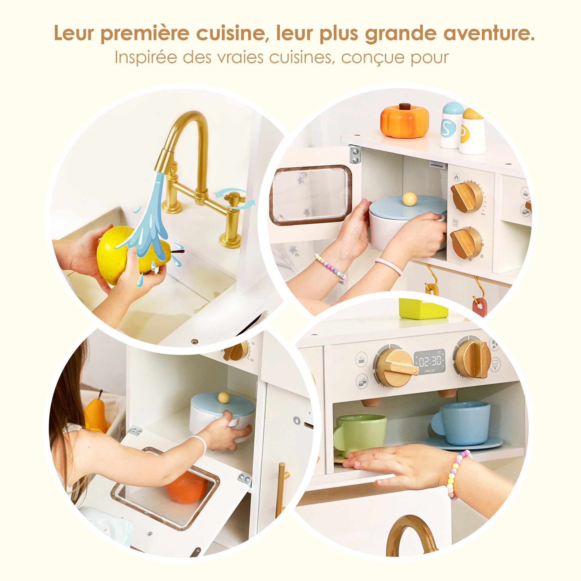 Cuisine Enfant en Bois avec Distributeur Glaçons, Ustensiles et Rangements | Accessoires Inclus évier, plaques de Cuisson, Micro-Ondes, Cuisine Blanche idéale pour Les Tout-Petits dès 3 Ans