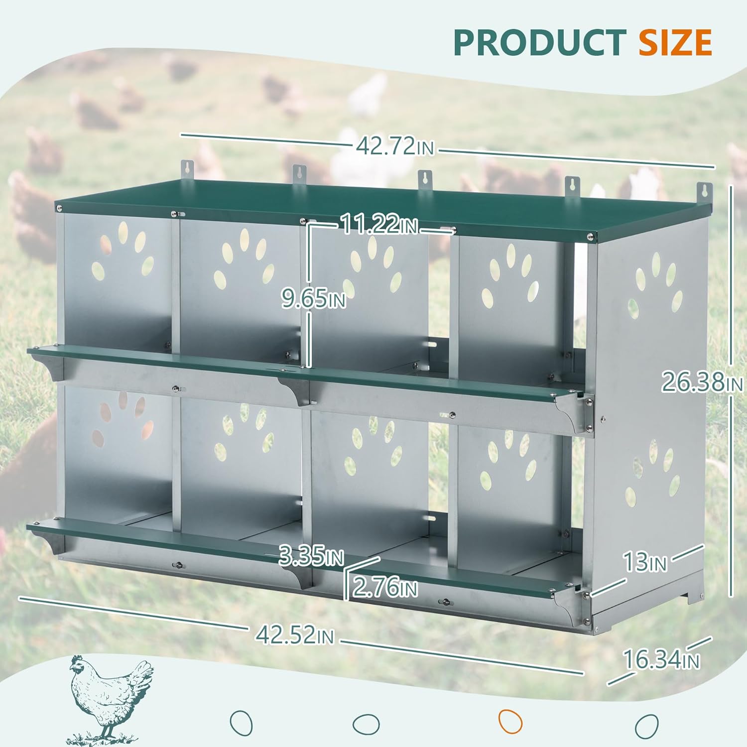 Chicken Nesting Box,Compartment Galvanized Steel Chicken Nesting Box,Wall/Floor Mount Egg Laying Coop with Roll‑Out Floor, Ventilation & Sloped Roof – Easy Clean & Assembly (8 Holes)