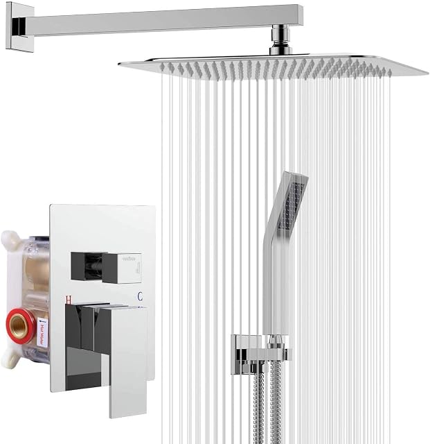 Rainsworth Concealed Shower Set, Bathroom Luxury Rain Mixer Shower Combo Set, 10 Inches Rainfall Shower Head, Stainless Steel & Brass,Chrome