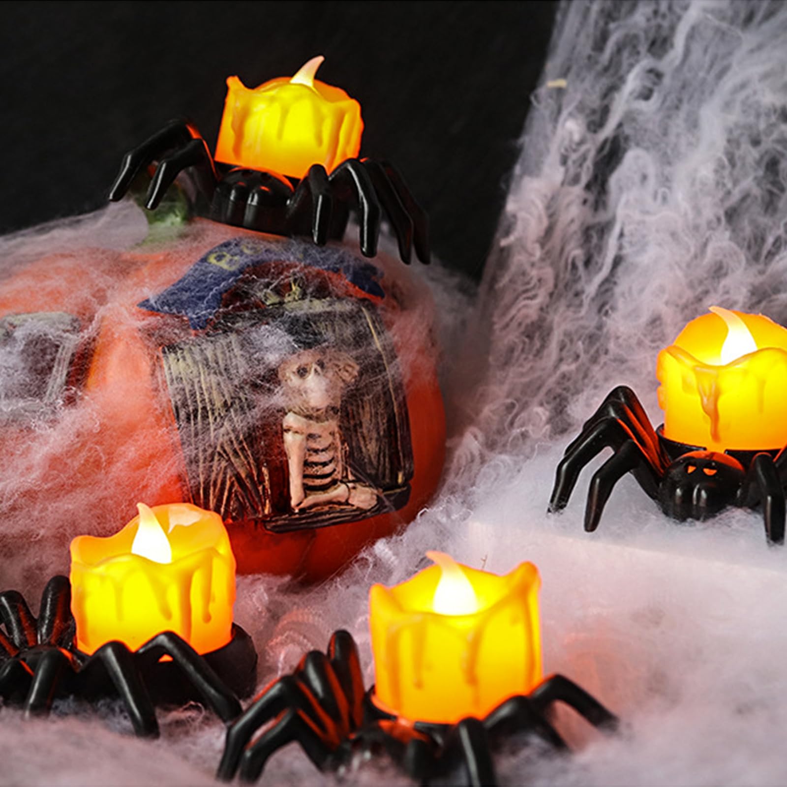 Halloween Bougies Chauffe-plat Araignée 12 Pcs Bougies Sans Flamme Chauffe Plat Orange LED à Batterie Lumière De Nuit D'Araignée Pour Halloween Intérieu Extérieur Thème Parties Festival Décorations