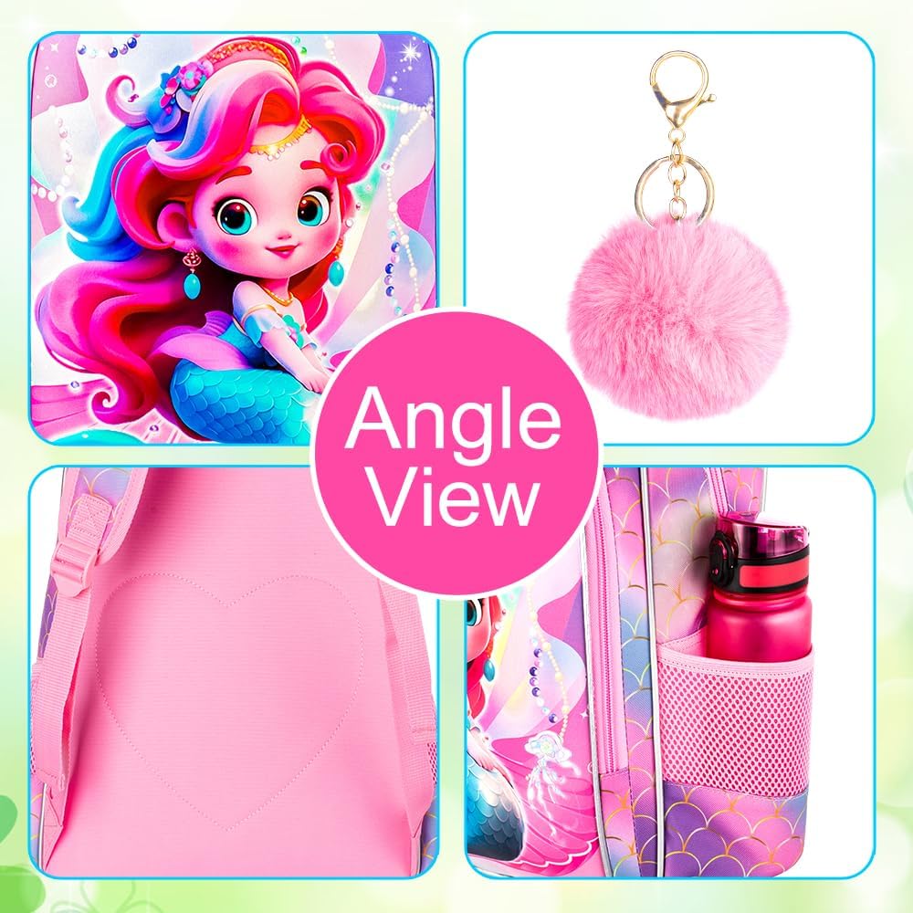 3Pcs Mermaid Backpack for Girls, 16" Kids Bookbag for Elementary Preschool Kindergarten, School Backpacks with Lunch Box(Pink) - Image 7