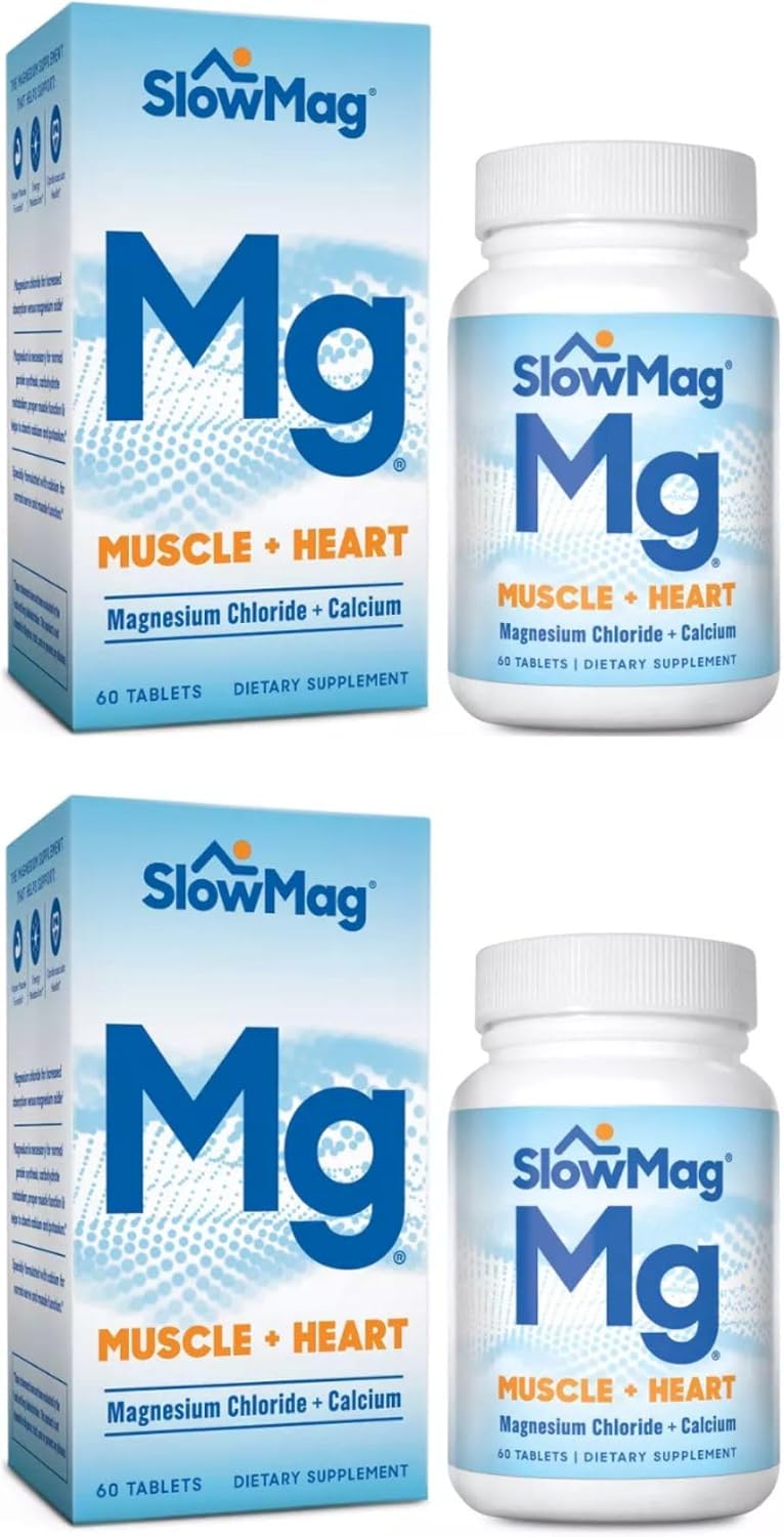 SlowMag Mg Muscle + Heart, Supports Muscle Relaxation and Heart Health. Magnesium Chloride + Calcium, Slow-Release Tablets, Easy to Absorb and Gentle on the Stomach. 60 Count (Pack of 2)