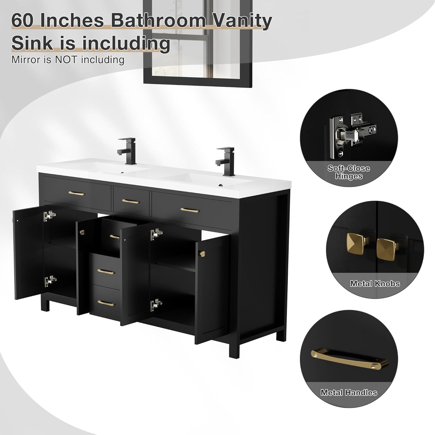 LUCKWIND 60" Bathroom Vanity and Sink Combo, Painted Modern Bathroom Storage Cabinet with Double Sink, Four Doors and Three Drawers, Include Faucet, Without Mirror, Black
