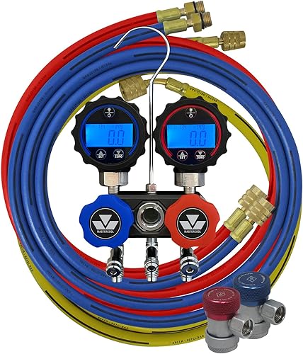 Mastercool 84472 R134a Juego de medidores digitales de aluminio de 2 vías con mangueras R134a de 3 a 72 pulgadas y un juego de acopladores manuales