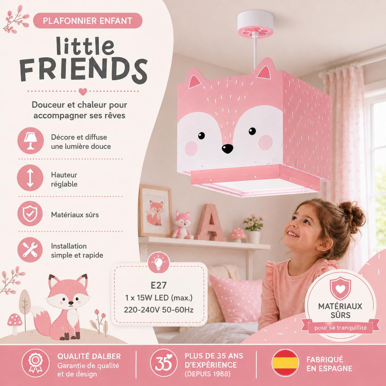 Dalber Lustre Chambre Lampe Suspension Plafonnier Pour Enfants, Little Fox Renard Animaux Rose, 64582M, E27