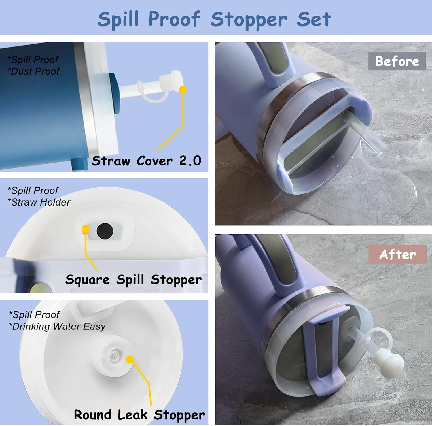 Stanley Cup Accessories Set,Including 2 Pcs 0.4in Straw Cover, 1 Silicone Spill-Proof Stopper Set of 3, 1 Cute Butterfly Handle Charm, 1 Silicone Boot Fits Stanley 40&30 Oz Tumbler (Stargaze) image 5