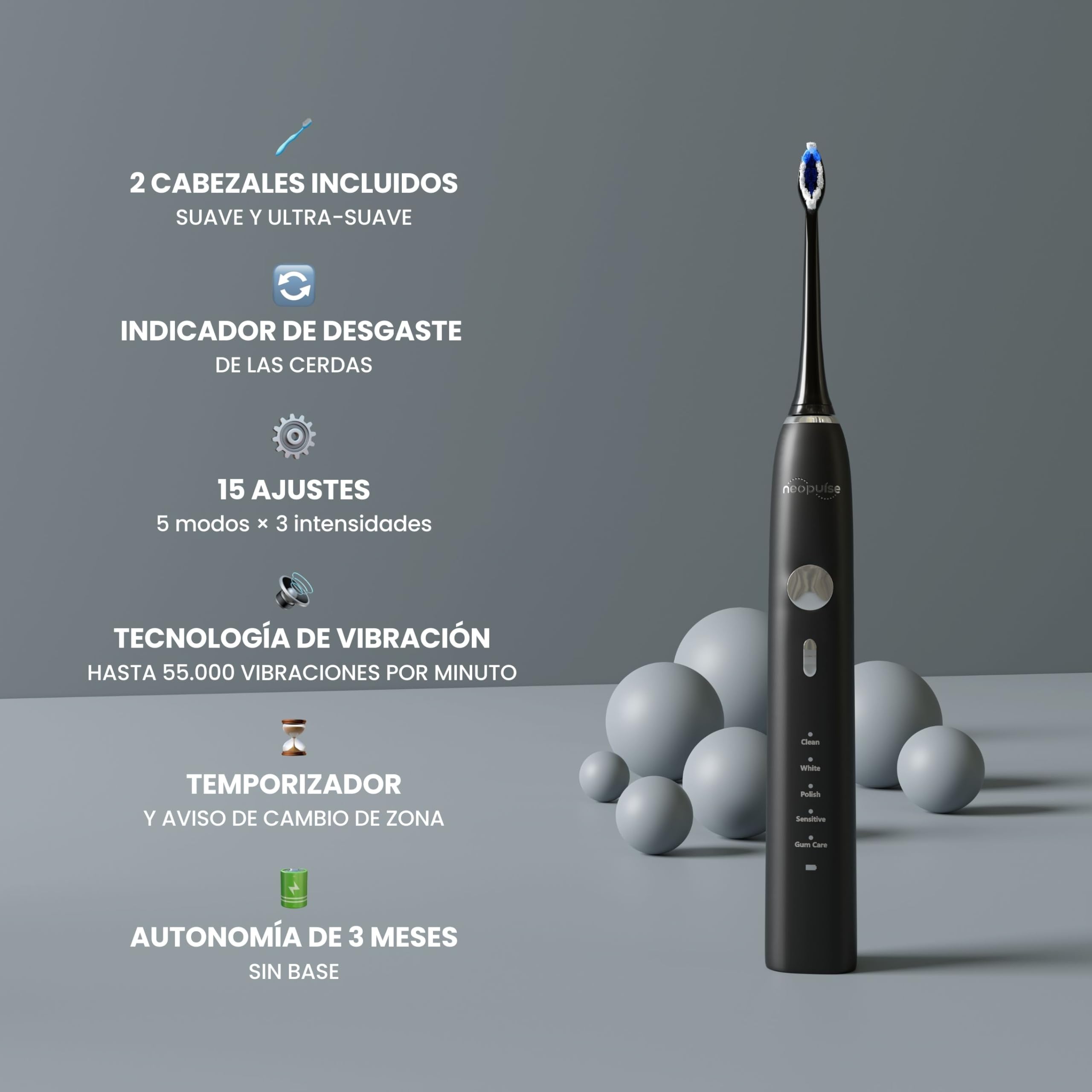 NEOPULSE NEOSONIC® – Cepillo de Dientes Eléctrico Sónico, 50.000 Vibraciones/min, 5 Modos y 15 Intensidades, Temporizador 2 min, 3 Meses de Autonomía, Carga USB-C, 2 Cabezales Incluidos, Negro