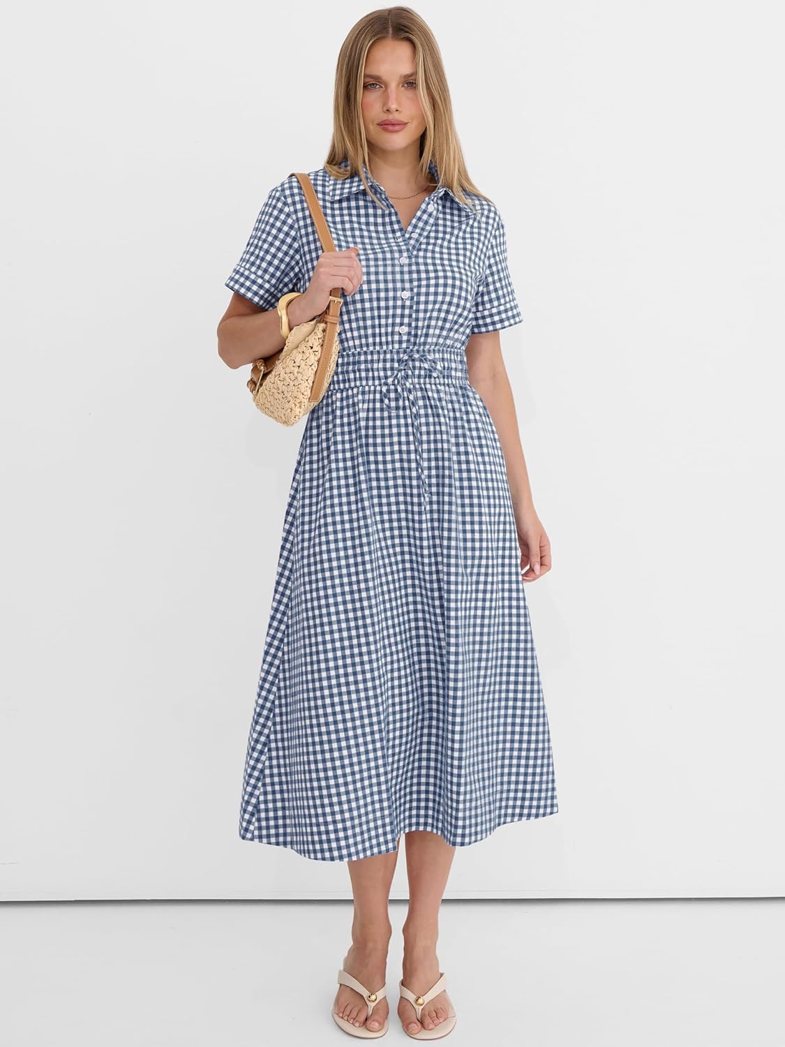 ANRABESS Womens Summer Midi Dress Short Sleeve Striped Plaid Button Collar Shirt Dresses 2026 Casual Beach Vacation Clothes - Image 5