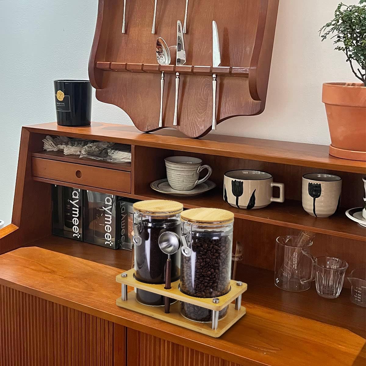 Glass Coffee Grounds Container with Wooden Shelf, 2 × 45 FLOZ Glass Coffee Canister with Sealed Locking Clamp, Kitchen Large Capacity Food Storage Jar with Metal Spoon