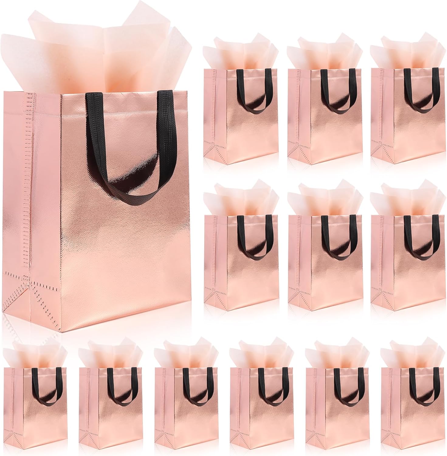 Addblu 12 Pack Reusable Gift Bags with Handles & 24 Tissue Papers, 10x4x8 Inch Iridescent Gift Bags with Cardboard Bases for Shopping, Parties, Birthdays, Weddings, Holiday (Rose Gold Gift Bag)