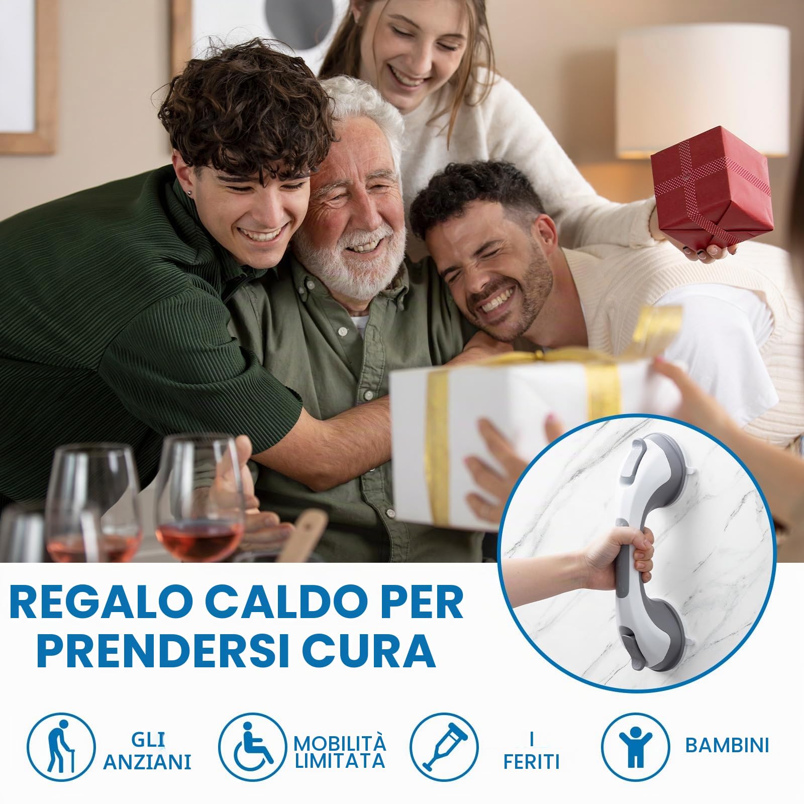 LEVERLOC Maniglie Doccia per Bagno 31 CM, MAX 110 KG Maniglione a Ventosa, Impugnatura di Sicurezza per Anziani, Disabili, Resistente, Senza Foratura e Corrimano Rimovibile Handy Grasp Pro, Grigio