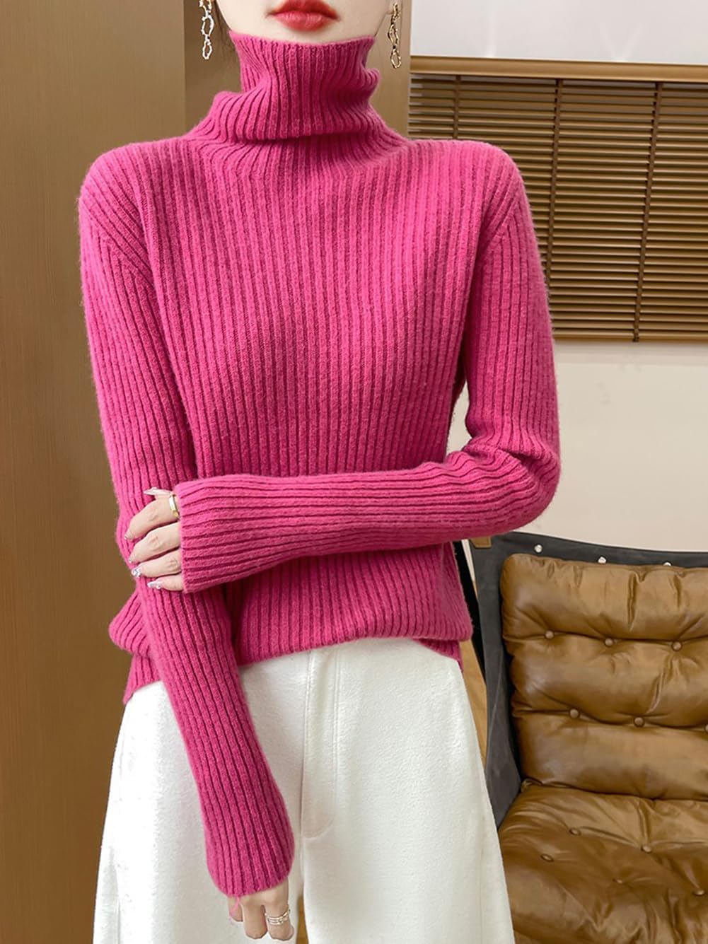 100% Merino Wool Sweaters for Women's Fall Winter Knitted Thick Pullover Long Sleeves Warm High Neck Turtleneck(WQ716)