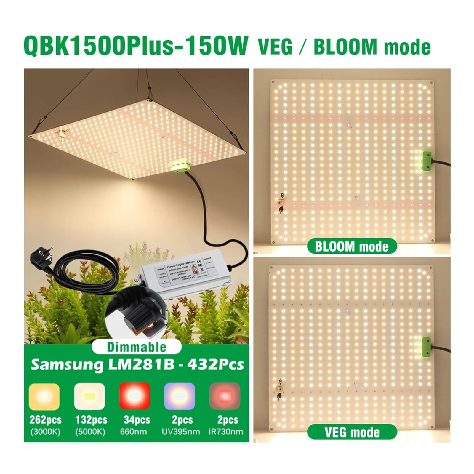 Lampe de Plante, LED élèvent la lumière LM281B 2000W 4000W 6000W Lampe Phyto à Spectre Complet Semblable Soleil quantique for l'éclaira de Croissance des Plantes de Serre.(QBC6000)