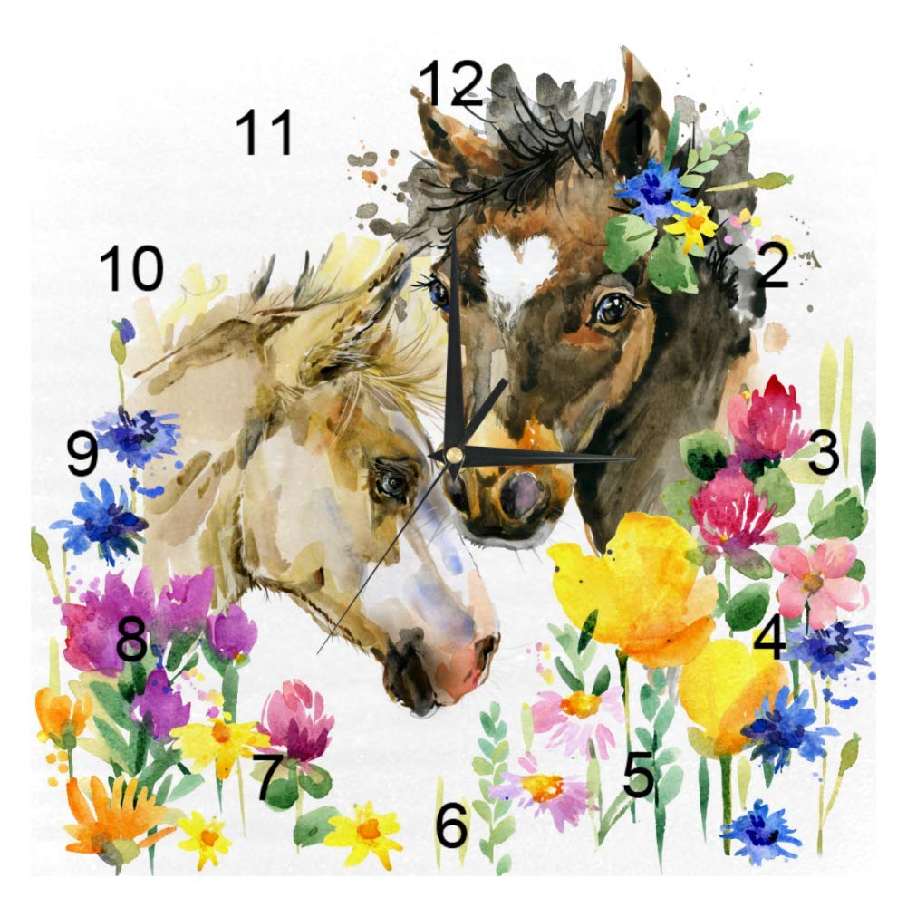 Horloge murale carrée cheval fleurie pour décorer une chambre