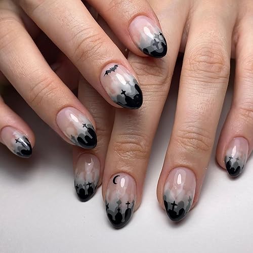 Uñas postizas cortas de punta francesa para Halloween, uñas postizas negras degradadas con diseños de vampiro, fantasma, bruja, brillante, pegamento