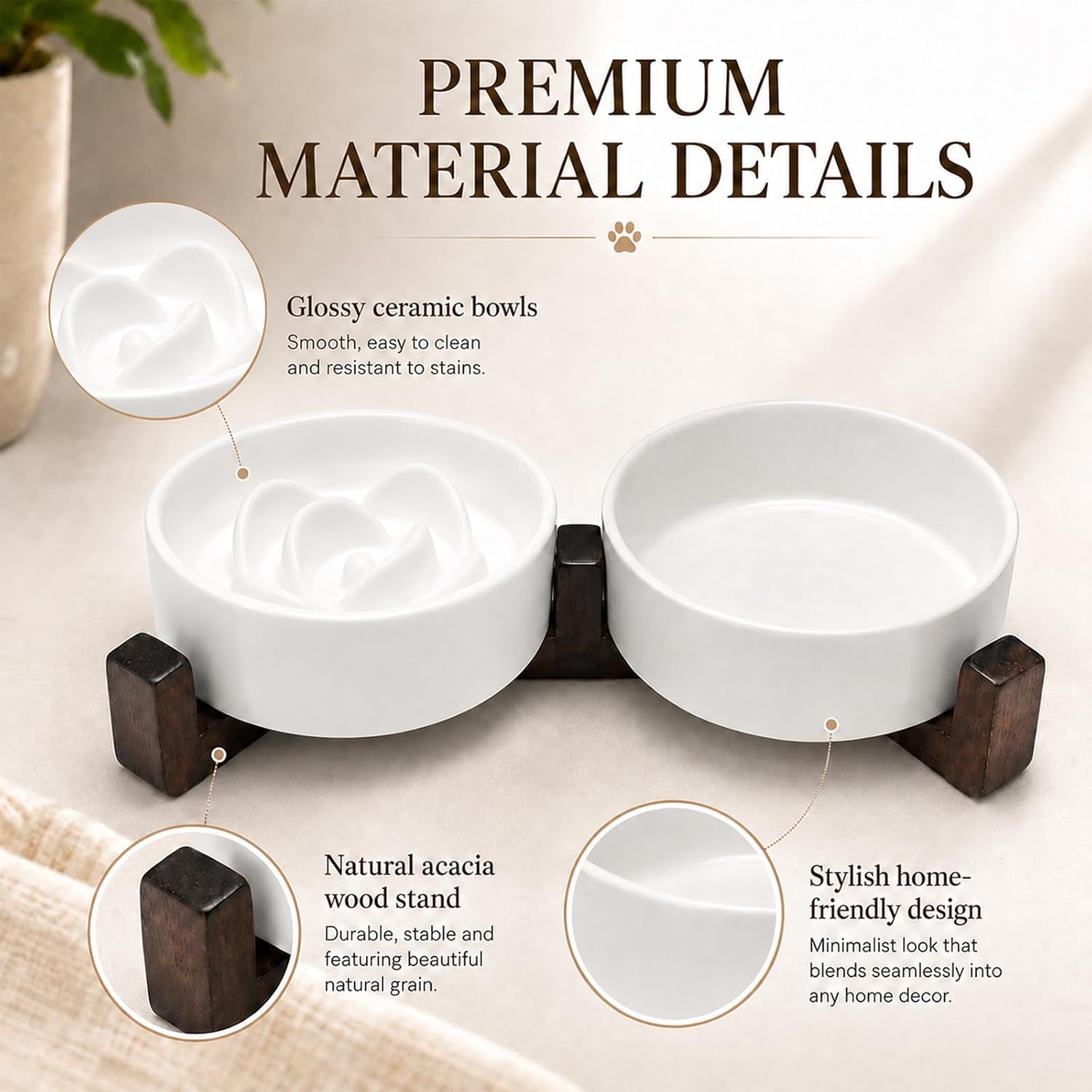 2-in-1 Ceramic Elevated Slow Feeder Dog Bowls with Acacia Wood Stand | Dog Bowl Set , 5.3" Food Bowl & 6.8 oz Water Bowl for Small Dogs & Cats