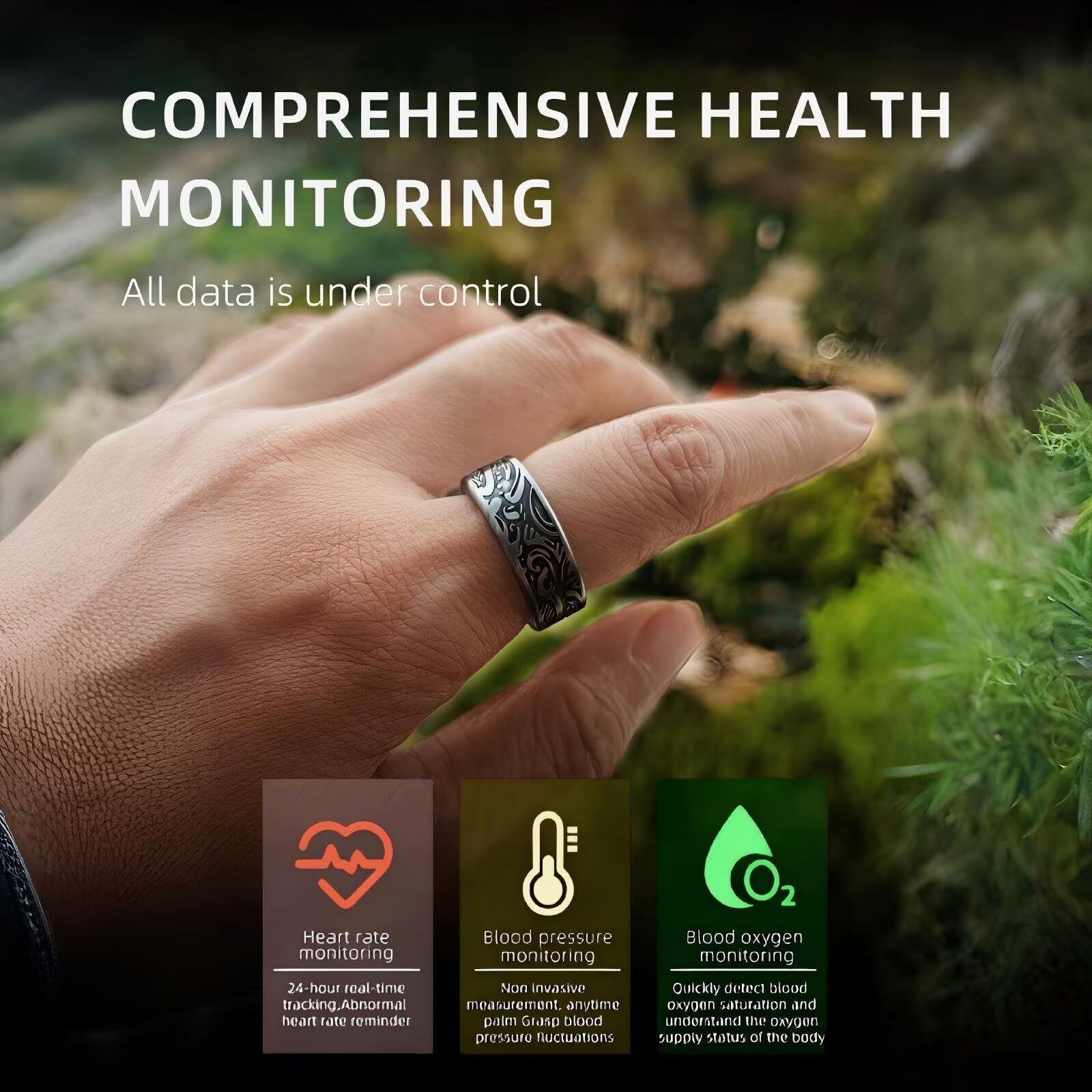 Smartringe für Herren Smart Ring Blutdruckmessung Damen Gesundheitsring Fitnessring Tracking Ring Schlaftracker Pulsmesser Schrittzähler Fitness Ring Tracker Health Ring für Android IOS,Schwarz