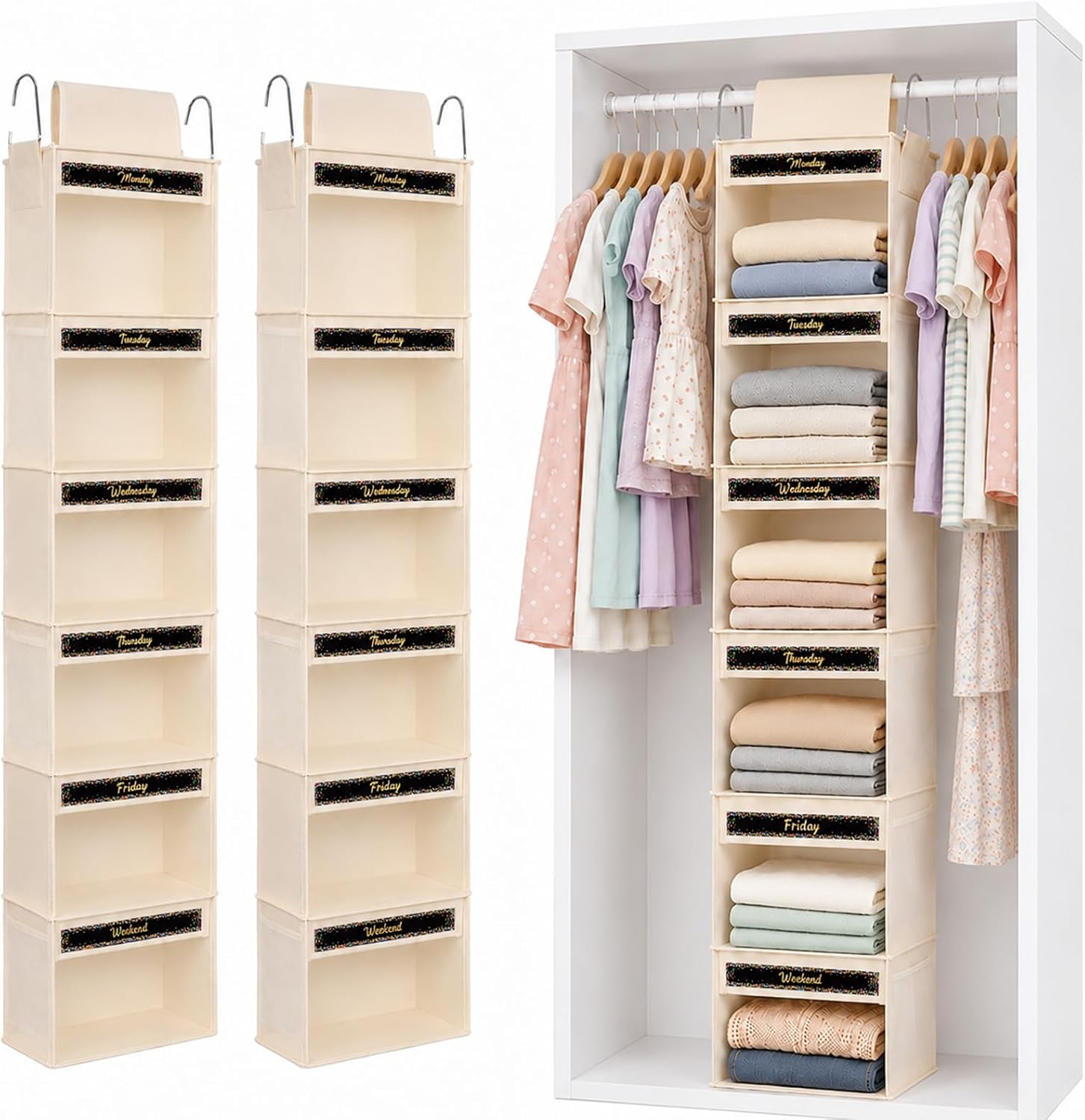 Wiooffen 2 Pack 6 Shelf Weekly Clothes Organizer for Kids Hanging Daily Closet Organization Boho Room Decoration with Days of The Week Monday Through Friday Weekend Cards(Beige)