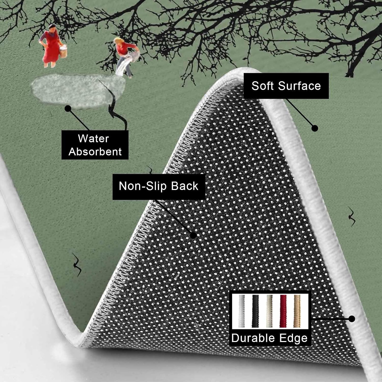 Tree Branches Bird Kitchen Mats Set of 2 Green Background Black Deadwood Non Slip Mat Washable Floor Rug for Kitchen Sink Floor Laundry, 23.6"x35.4"+23.6"x70.9"