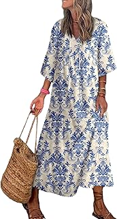 Women Boho Maxi Dresses 2025 V Neck Long Puff Sleeve Smocked Ruffle Flowy Casual Dress - Buy now