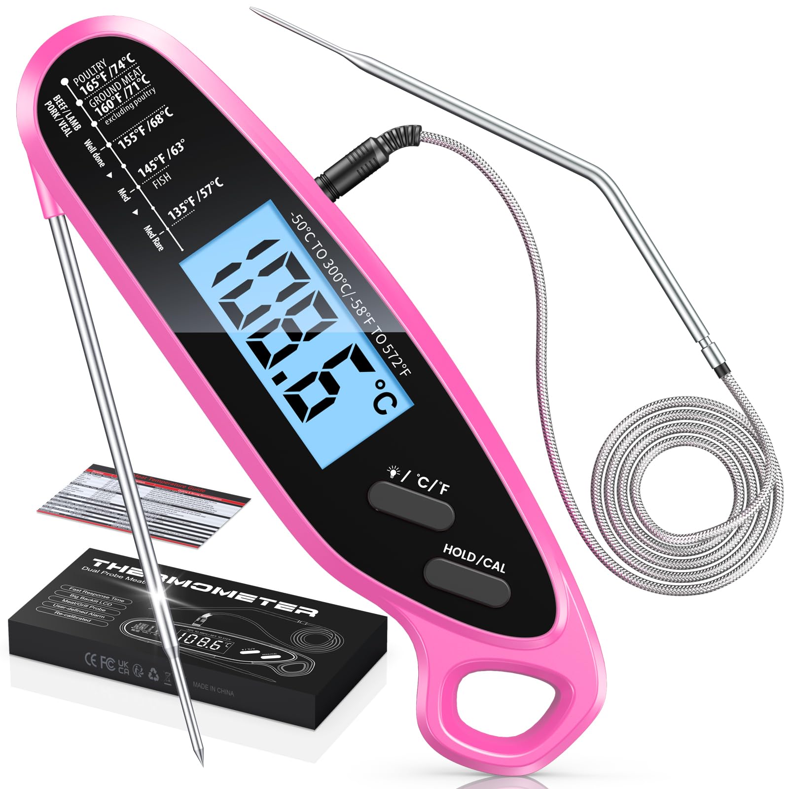 Termómetro digital de carne de lectura instantánea para cocinar y asar con doble sonda, pantalla retroiluminada grande y calibración automática, termómetro de alimentos para parrilla, ahumador