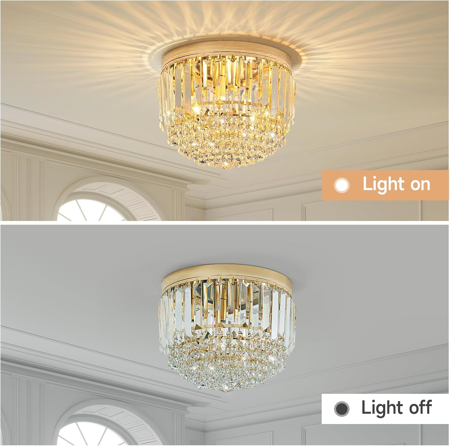 YMP&YZX Modern 3-Lights Crystal Chandelier French Gold,11.8" Semi Flush Mount Crystal Ceiling Light LED Round Chandelier Light E12 Base for Bedroom Living Room