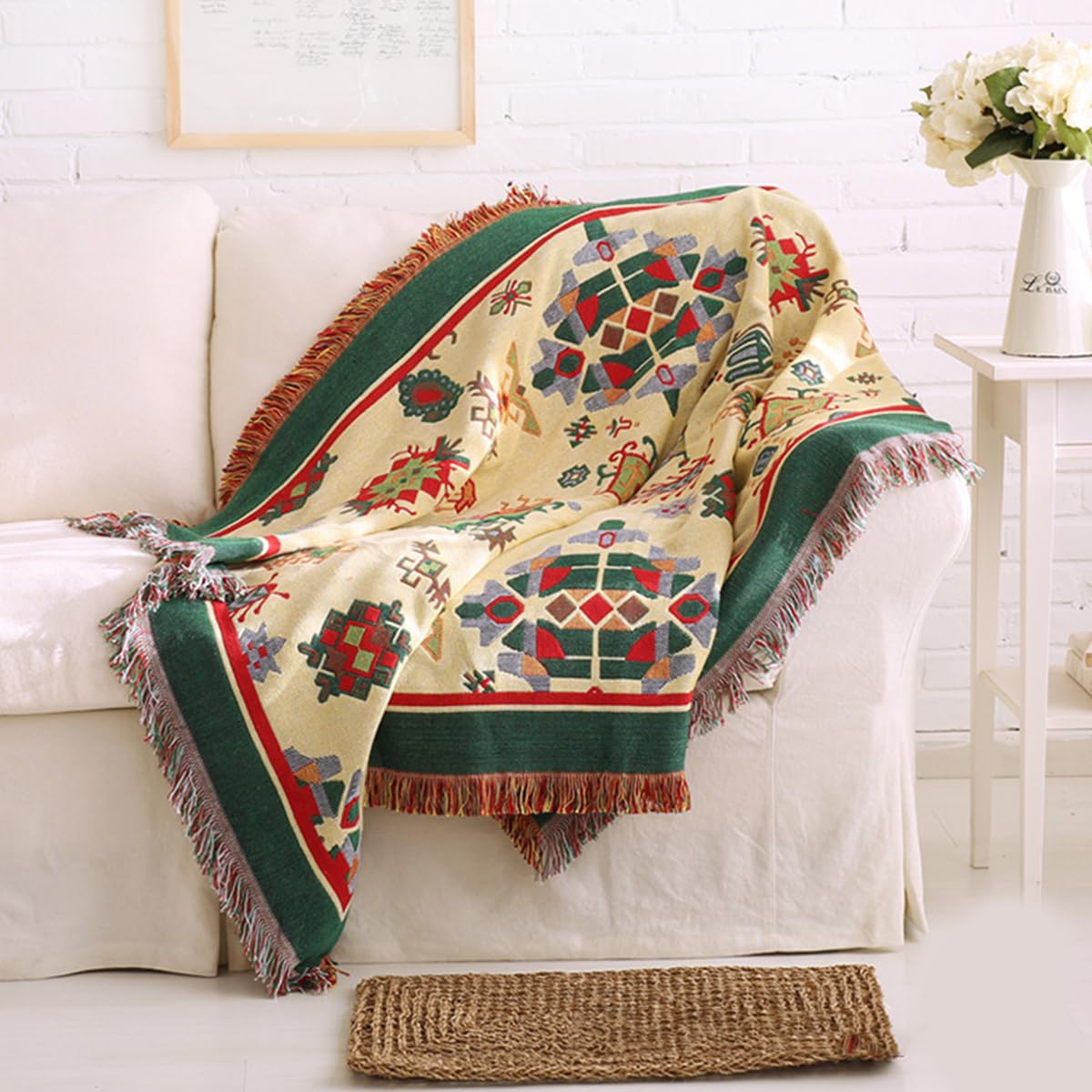 LumiSyne Cotton Woven Throw Blanket With Tassel Double-Sided Jacquard Bohemian Geometric Pattern Vintage Ethnic Style Decorative Throws For Sofa Bed Armchair Camping Blanket Tapestry Tablecloth Carpet