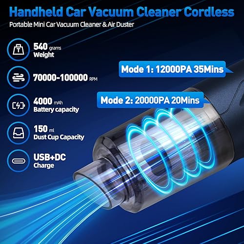 Miniatura 3 de Aspirador de mano inalámbrico para automóvil, de alta potencia, sin escobillas, 20000 PA, mini aspiradora de mano con 8 boquillas multifuncionales y