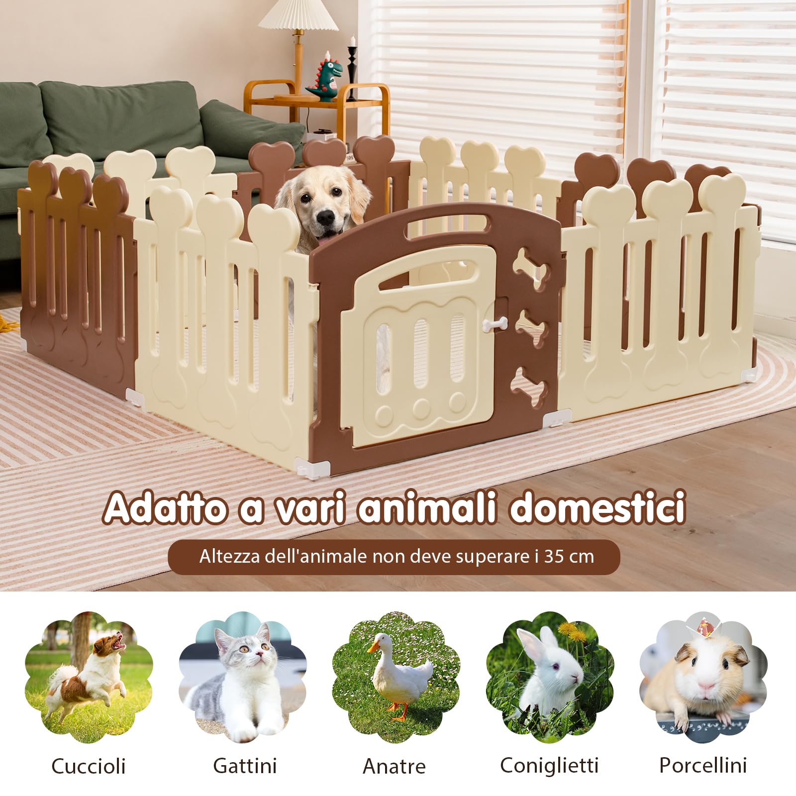 COSTWAY Recinto per Animali con 8 Pannelli, Cancelletto per Cani e Cognigli in HDPE con Porta, Chiusura e Angoli Sicuri, Cancello per Animali da Interno ed Esterno (Marrone e Beige)