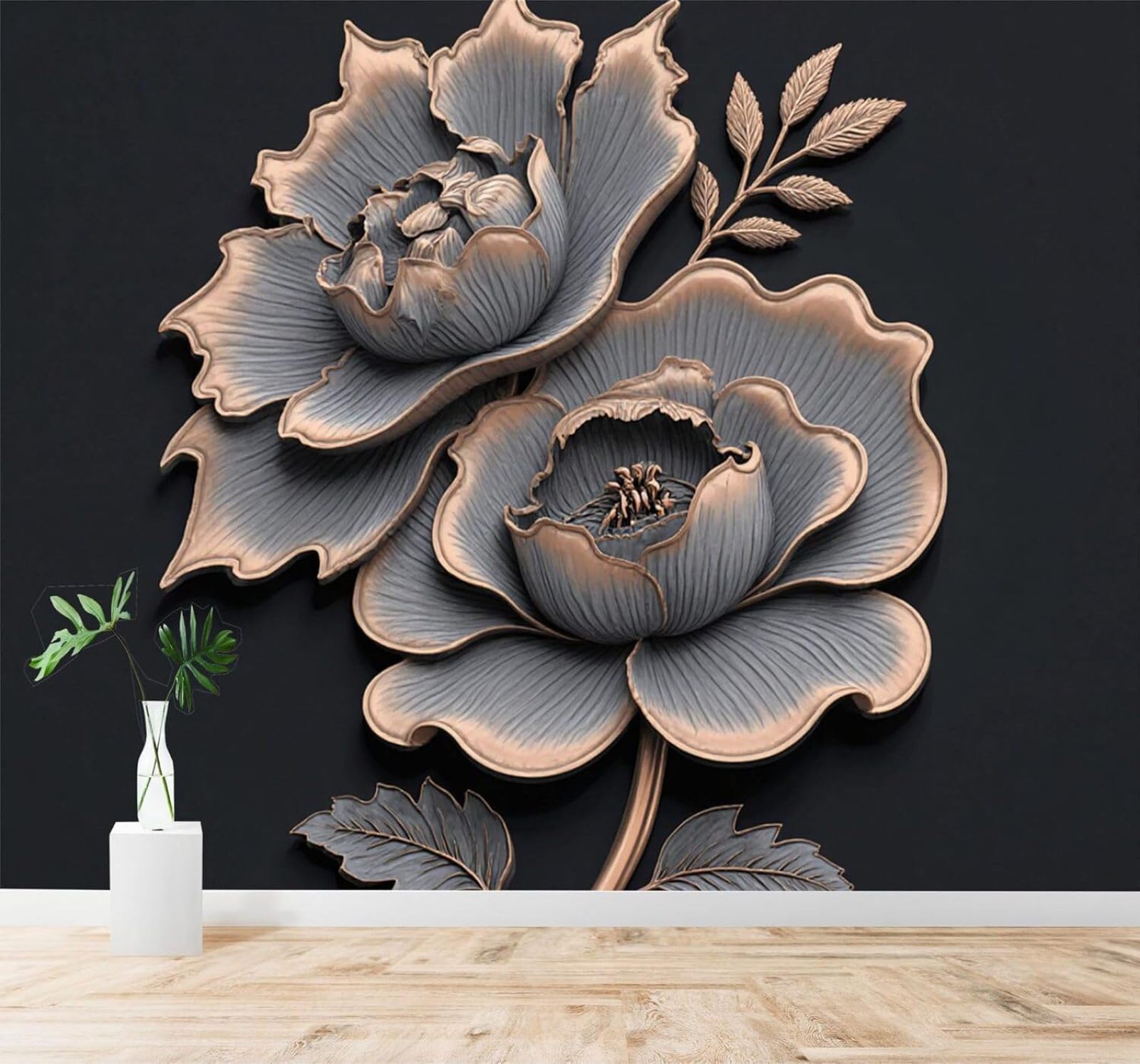 XLMING Vintage Metal Peony Golden Petals Dark Background 3D Wallpaper Premium Textured Silk Study Dining Living Room Bedroom Sofa TV Wall Easy Install-250cm×170cm