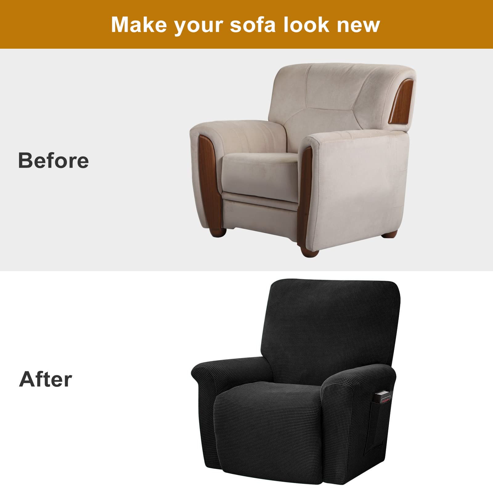 Housse Élastique 4 Pièces Pour Fauteuil Relax - Protection Canapé Inclinable Avec Poche Latérale - Noir