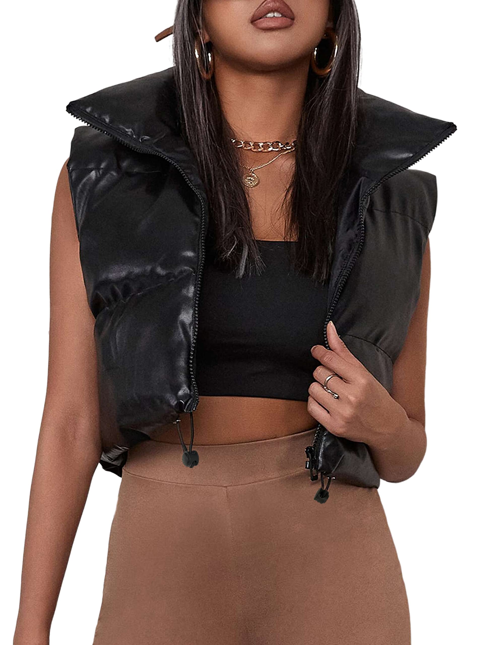 Womens Pu Leather Cropped Puffer Vest Winter Faux Leather Zip