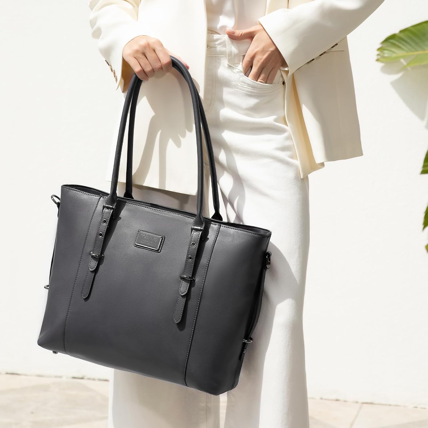 MOSISO PU Leather Laptop Tote Bag for Women, Waterproof Large Capacity Business Work Briefcase Shoulder Laptop Bag - Image 2