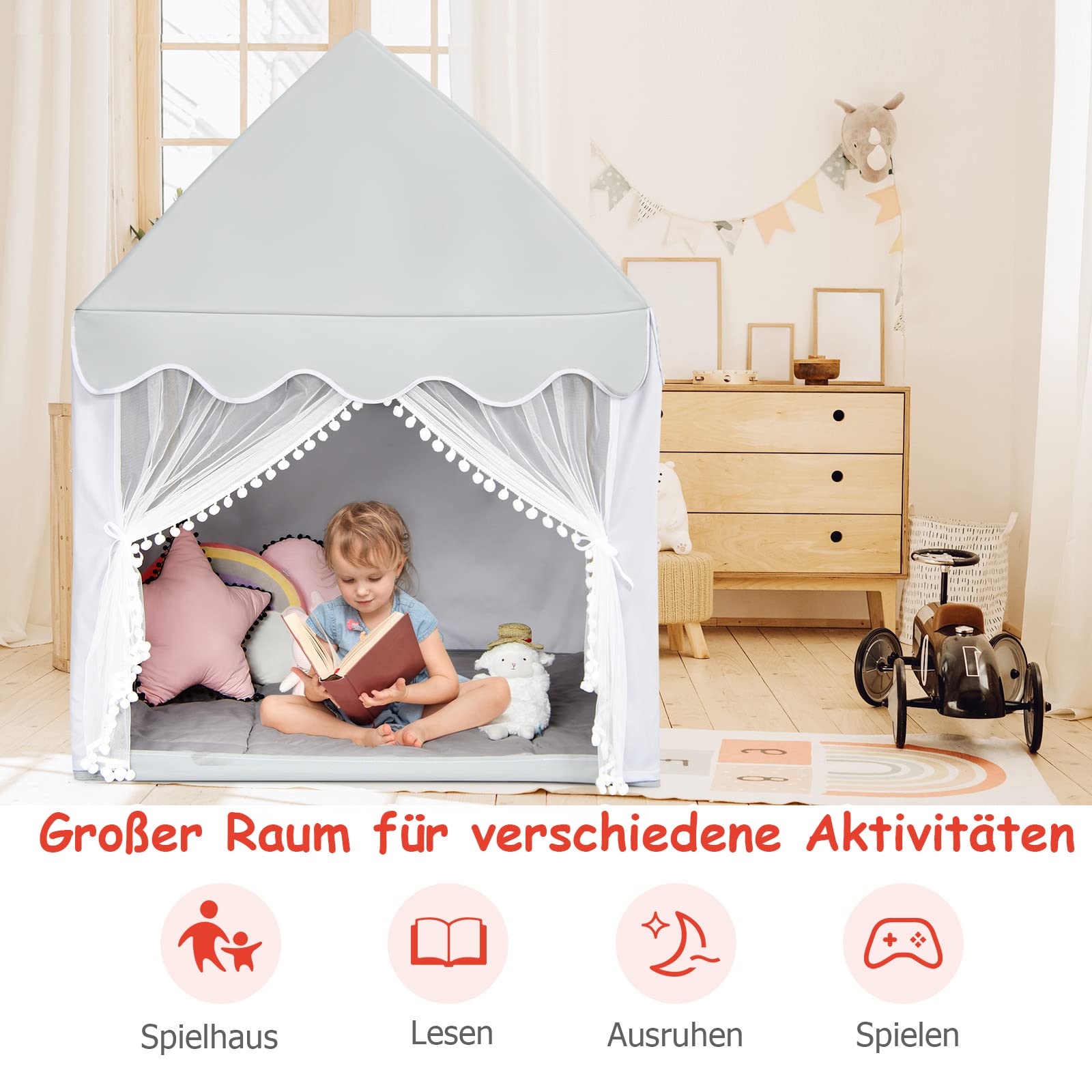 DREAMADE Kinderspielzelt Spielzelt für Kinder mit gepolsterter Decke & Fenstern & Holzrahmen, Kinderspielhaus, Tipi Zelt, Kinderzelt für drinnen, für Jungen & Mädchen (Grau)