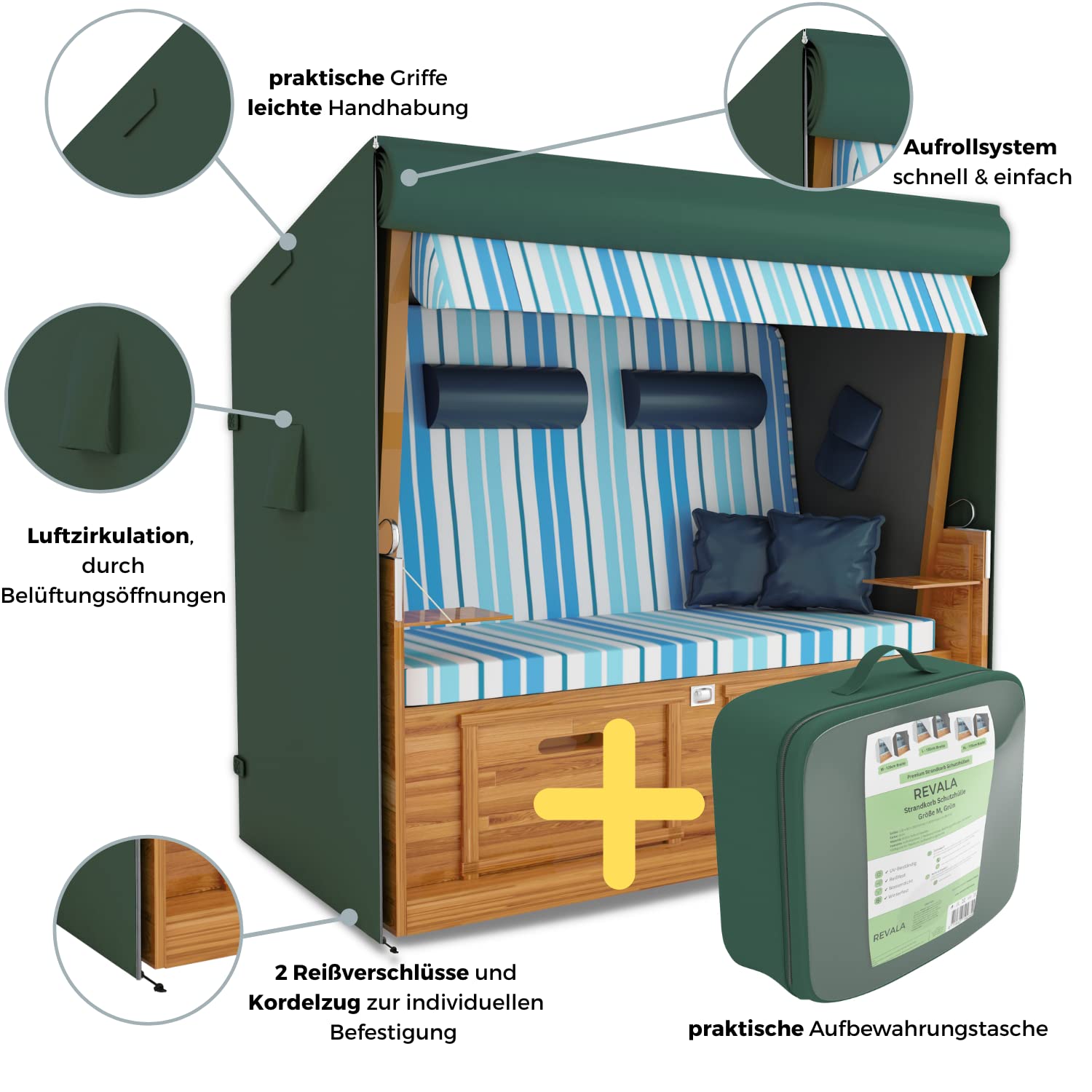 REVALA® Strandkorb Schutzhülle Winterfest | Abdeckung Strandkorb 2 sitzer | Strandkorbhülle 155 x 90 x 160 | UV-beständige Hülle Strandkorb XXL wasserdicht aus 600D Oxford | Inkl. Aufbewahrungstasche