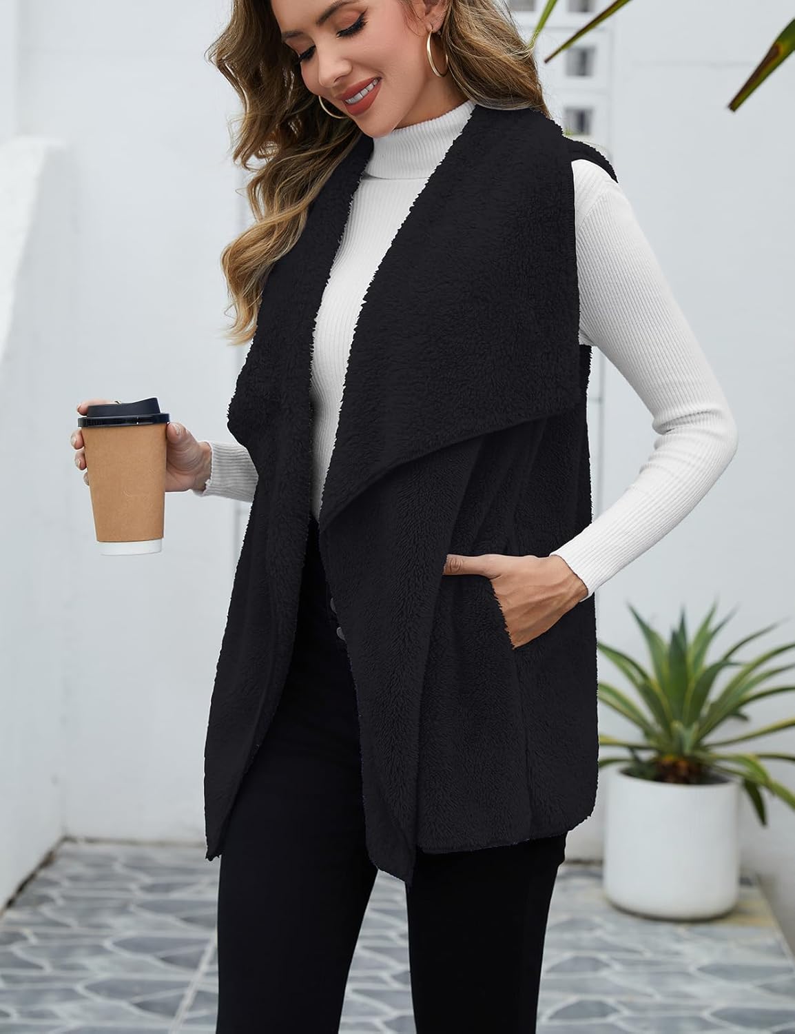 Women Fuzzy Fleece Vest Sleeveless Sherpa Jacket Winter Open Front Fluffy Outerwear Coats with Pockets - Image 2