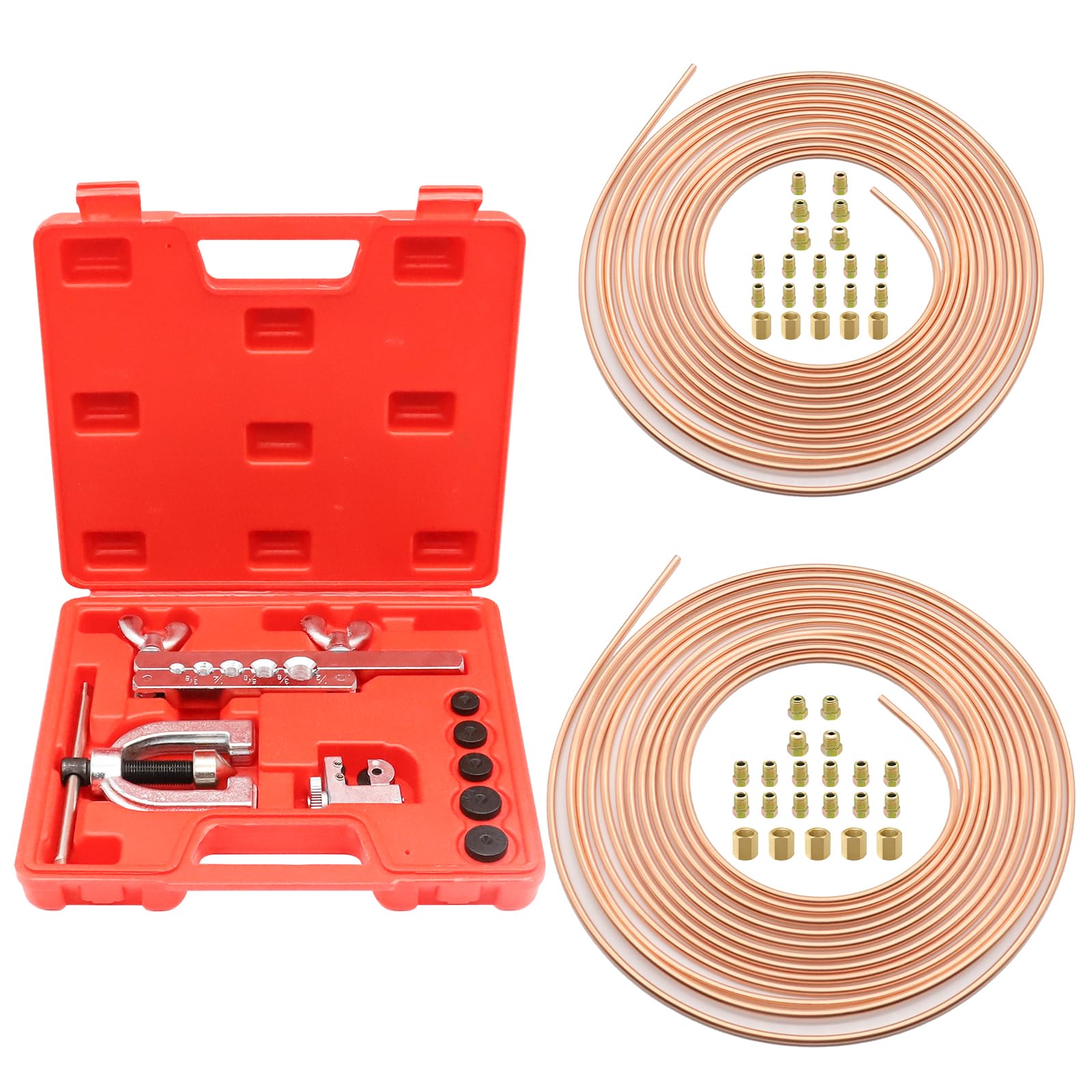 RUIZHI Brake Pipe Flaring Tool, Brake Flaring Tool Set, 7.62 m Ø4.75 mm + Ø6.35 mm Copper-Plated Steel Brake Pipe,32 Joints+ 10 Connectors,for Vehicle Hydraulic Brake Systems, Air Conditioning Systems