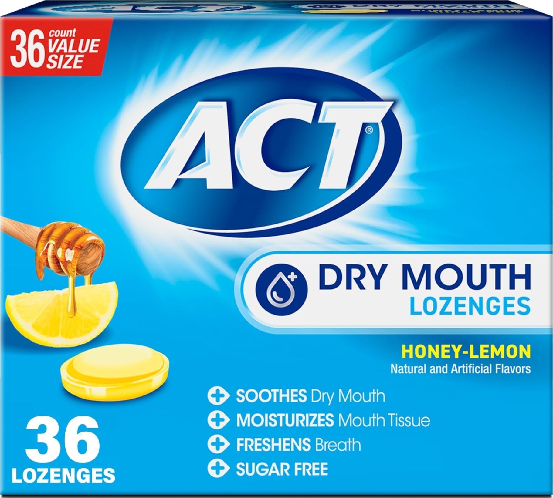 ACT Dry Mouth Moisturizing Gum With Xylitol, Soothes, Moisturizes & Freshens, Honey-Lemon, Value Size, 36 ct.