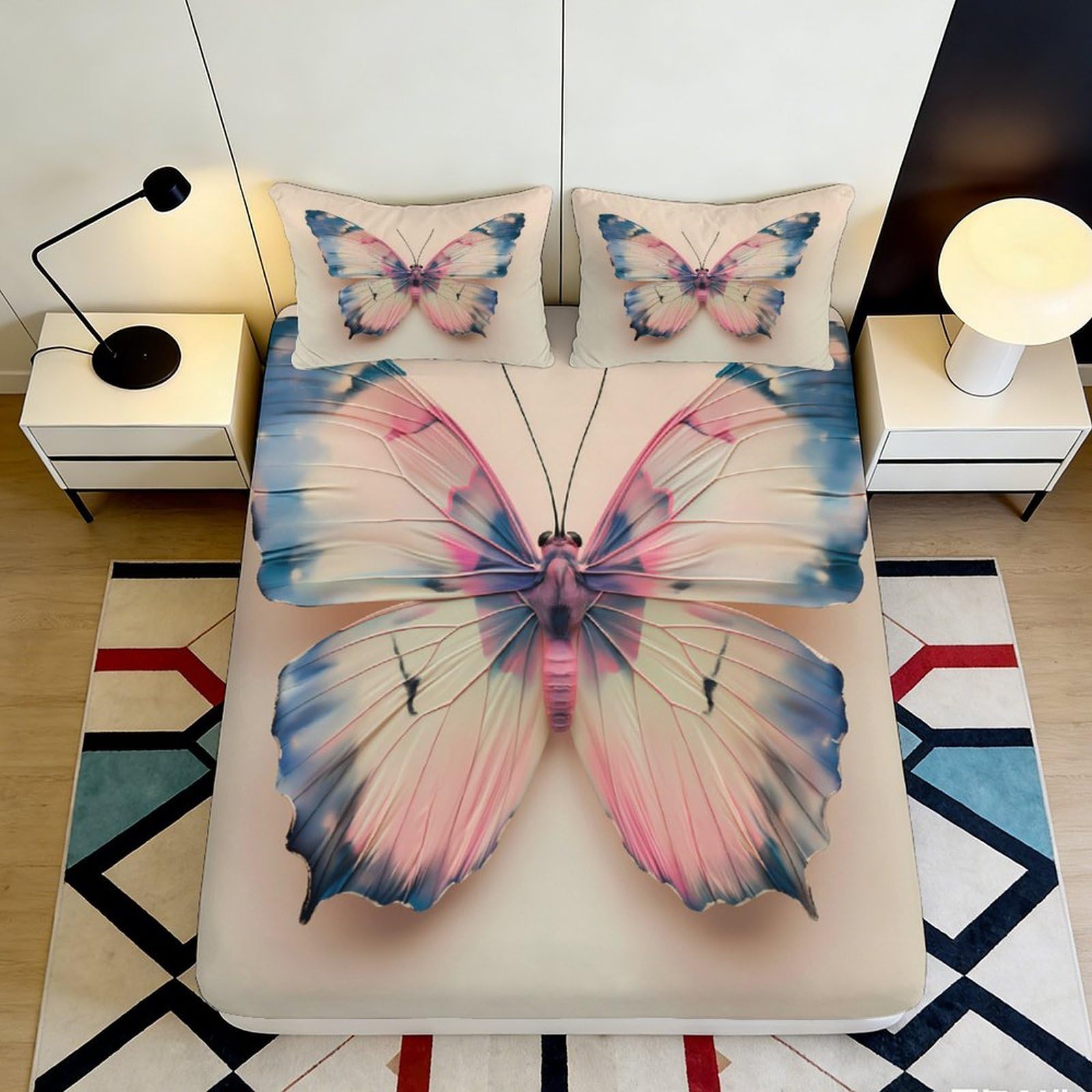 3D Printed Pastel Butterfly Fitted Sheet Microfiber Soft Anti-Slip Bed Cover for Bedroom Guest Room Dorm Mattress Decor 90x200x25cm