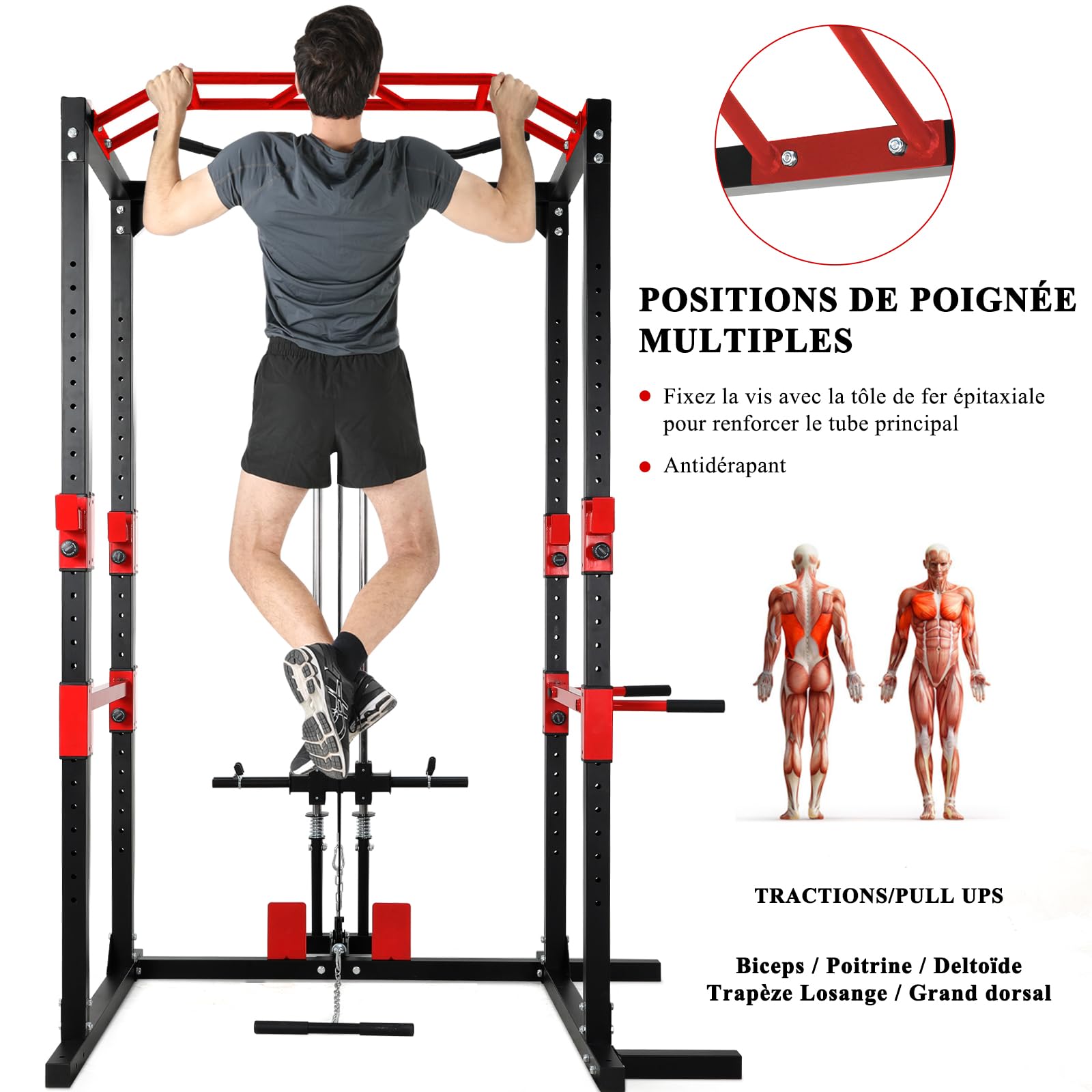 ISE Cage de Musculation Power Rack Cage Squat, Station de Musculation, Barre de Traction et Dips, Barre Multi-Prises et Maintien des Jambes Réglable, Cage Musculation Acier, Rack Musculation