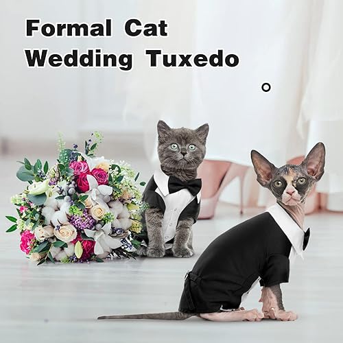 Miniatura 7 de DENTRUN Traje de esmoquin de gato con dos corbatines, elegante camisa de gato, atuendo formal de gato, ropa de moda de gato sin pelo, atuendo formal