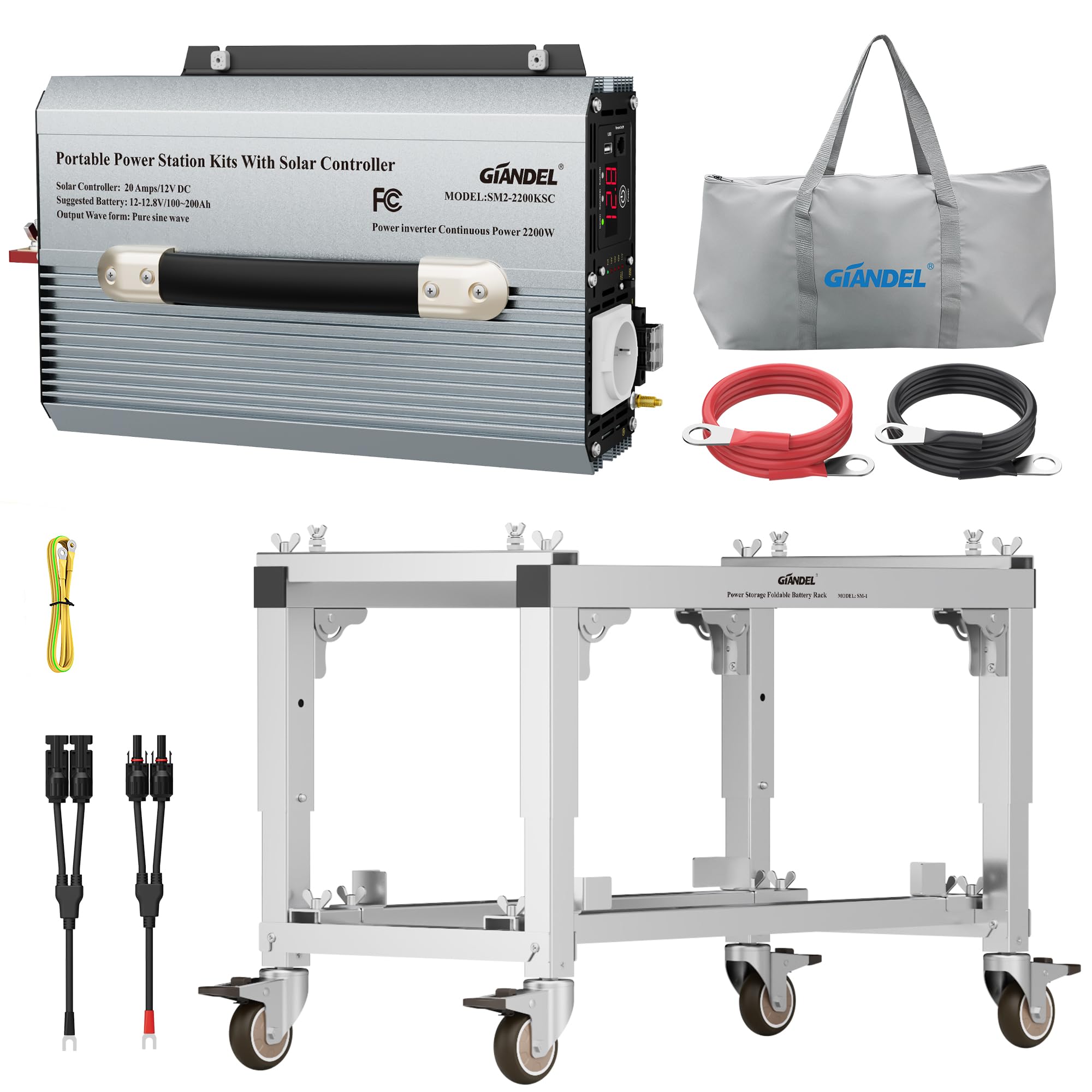 GIANDEL Kit di sistema di alimentazione solare portatile da 2200 W, 12 V, kit di sistema di inverter off-grid: stazione di batteria pieghevole + inverter sinusoidale puro da 2200 W con regolatore