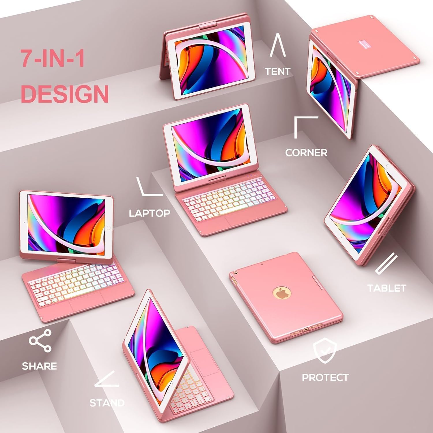 MMK Keyboard Case Compatible with iPad 10.2 inch 9th Gen 2021,for iPad 8th Generation 2020, 7 Color Backlit 360 Rotatable Wireless Detachable Bluetooth Keyboard Cover Tablet Case - Image 6