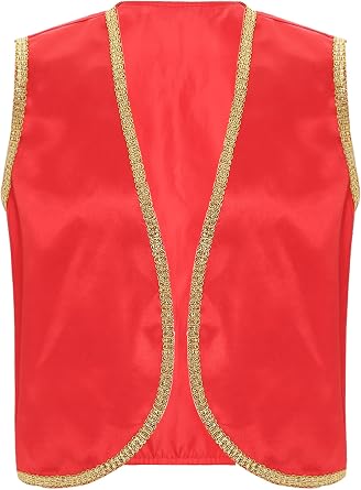 Mens Arabian Prince Lamp Roleplay Costume Stain Vest Gold Trim Sleeveless Open Front Waistcoat