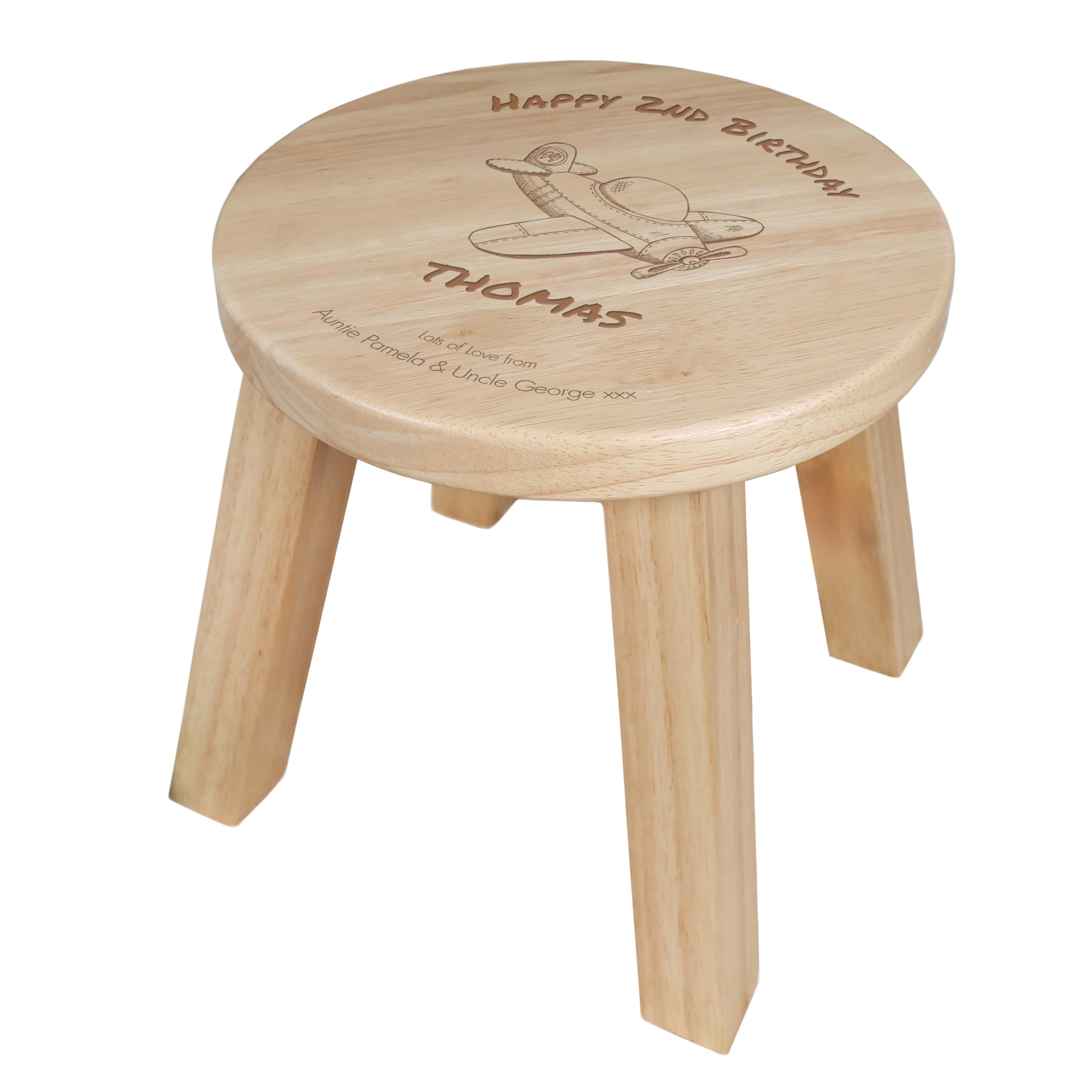 De Walden Aeroplane Engraved Solid Wood Kid's Stool Boy Birthday Newborn Baby Gifts