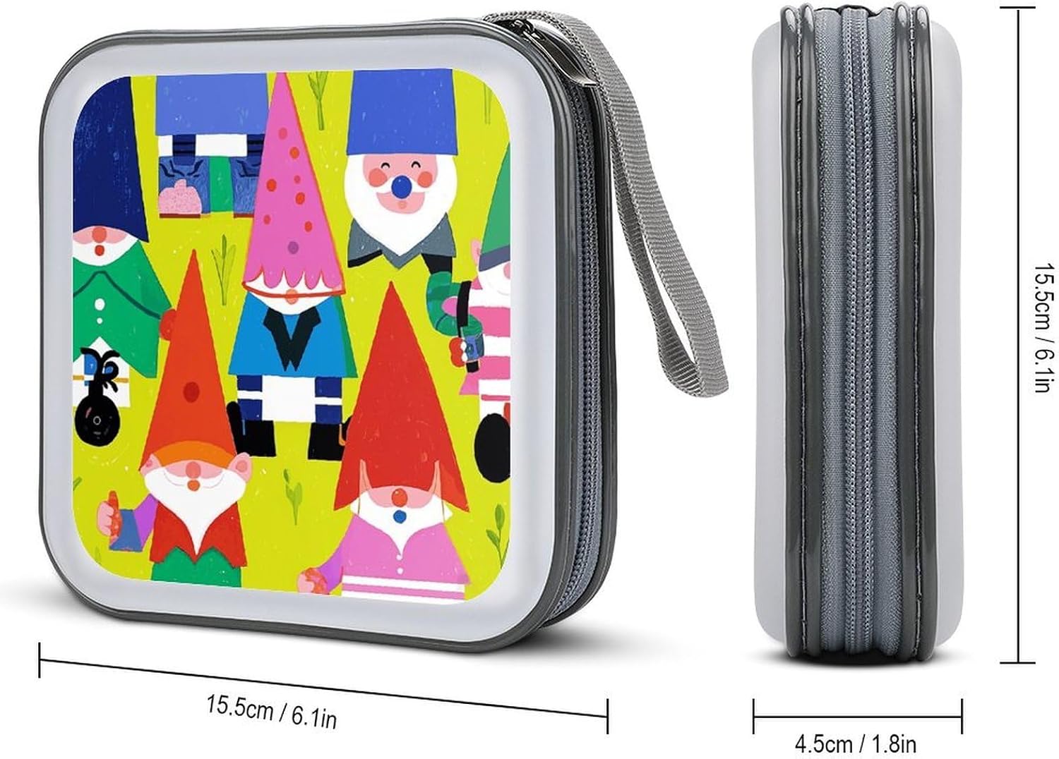 Colorful Gnomes CD Case Wallet 40 Capacity, Durable Waterproof Plastic CD/DVD Storage Case with Handle & Zip Closure, Portable DVD Disc Cases for Car, Office, Travel image 2